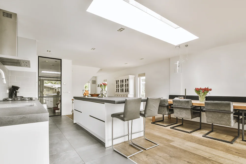 Kitchen with long rooflight in a Superstrux extension