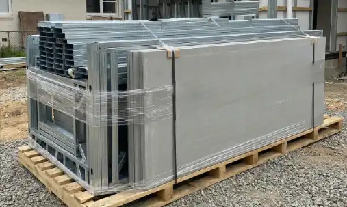 Superstrux System 7 components delivered flat-packed on a pallet