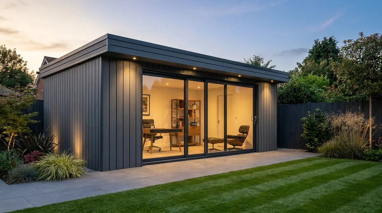 Modern Superstrux garden room with anthracite cladding and glass sliding doors at dusk
