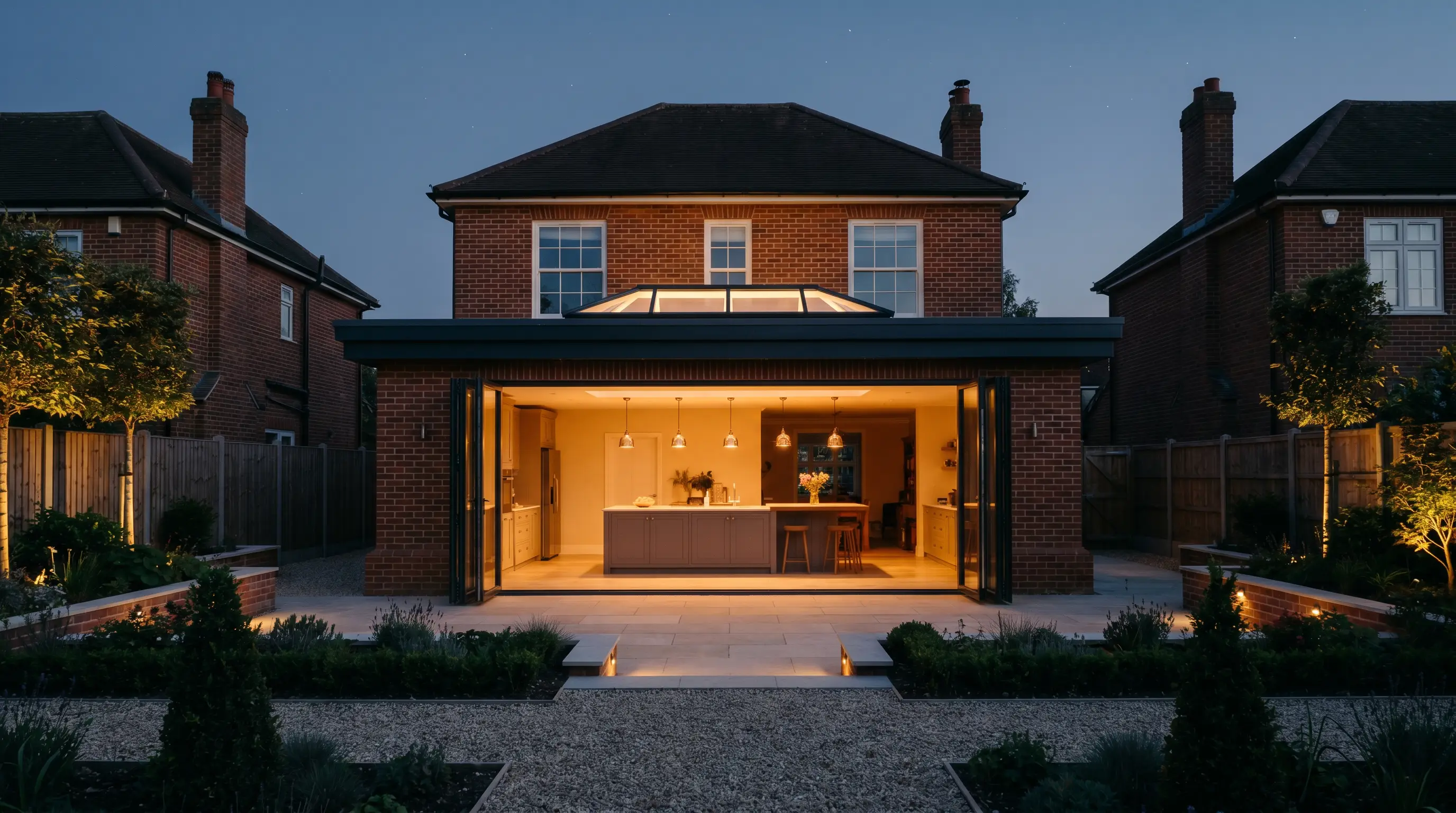Finished Superstrux extension glowing at dusk with open bi-fold doors