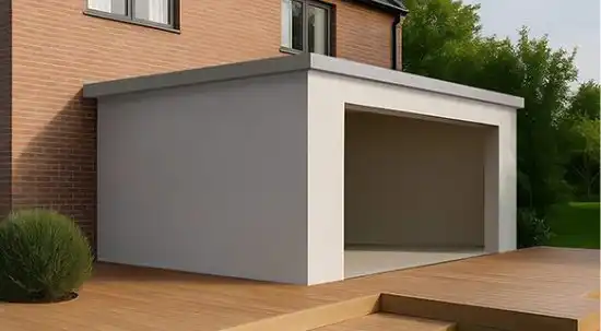 Assembled Superstrux garden room shell with flat roof